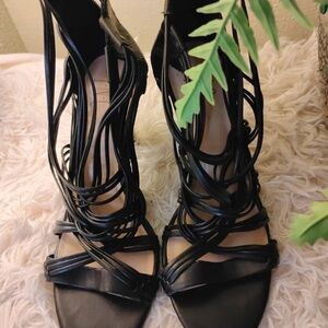INC International Concepts Black Strappy High-Heel Sandals with Wrapped Cords